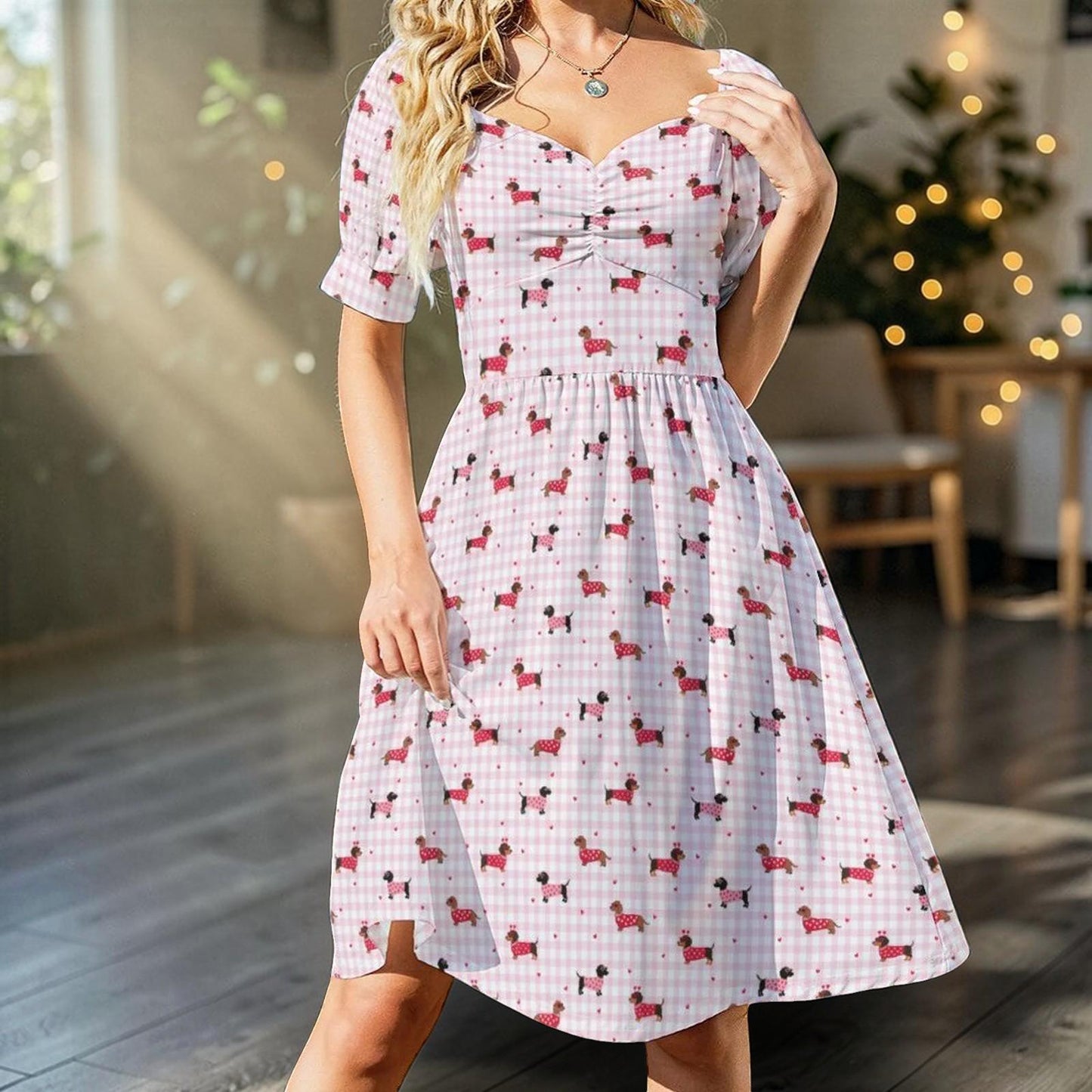 Pink Gingham Dachshund Midi Dress, Puff Sleeve Picnic Outfit, Dog Lover Fashion