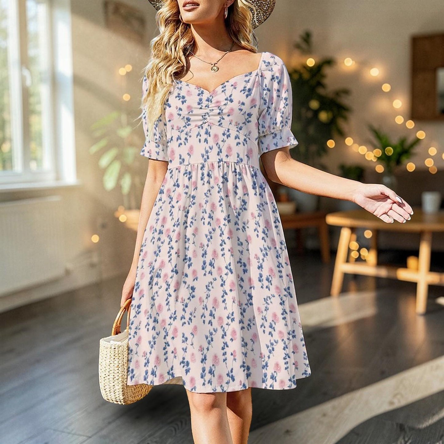 Blue Floral Tea Dress, Vintage Rose Sundress, French Country Cottage Dress