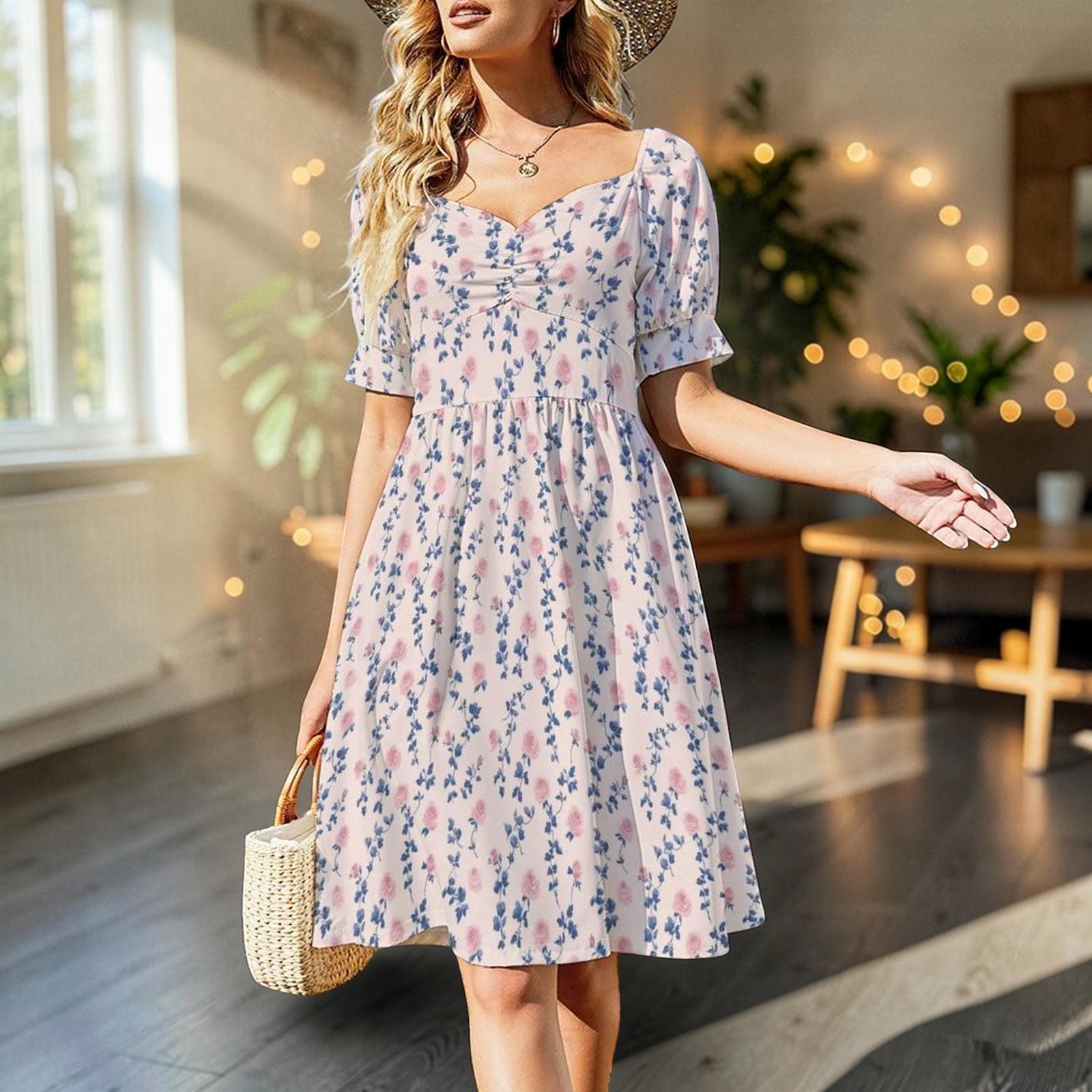 Blue Floral Tea Dress, Vintage Rose Sundress, French Country Cottage Dress
