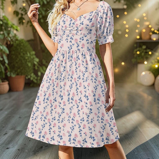 Blue Floral Tea Dress, Vintage Rose Sundress, French Country Cottage Dress