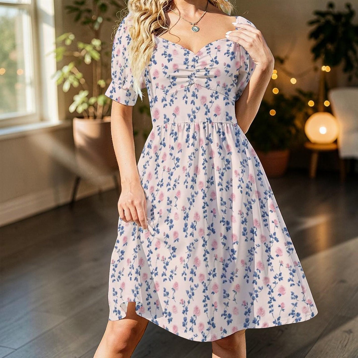 Blue Floral Tea Dress, Vintage Rose Sundress, French Country Cottage Dress
