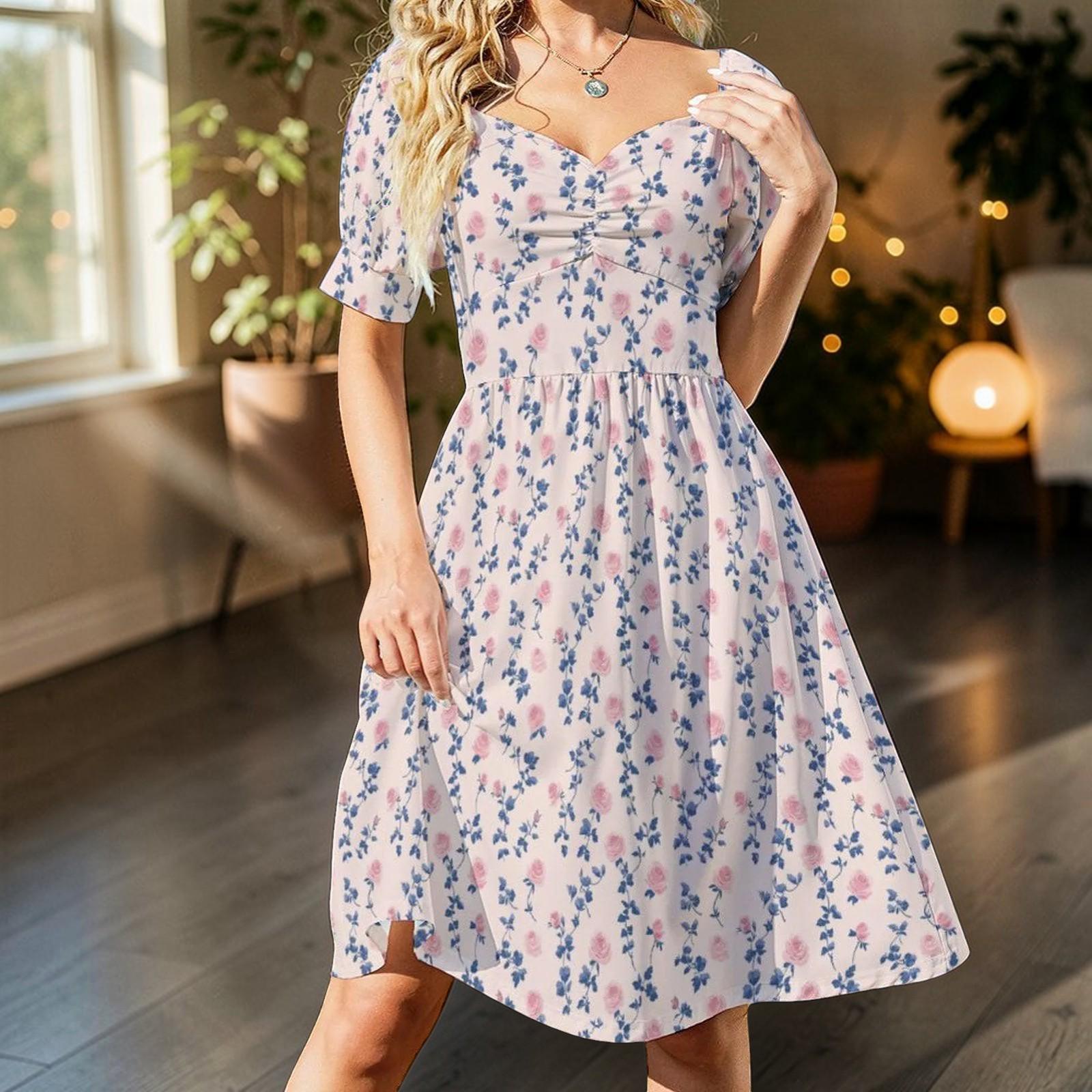 Blue Floral Tea Dress, Vintage Rose Sundress, French Country Cottage Dress