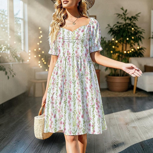 Pink Prairie Dress, Sweetheart Floral Dress, Puff Sleeve Spring Picnic Outfit