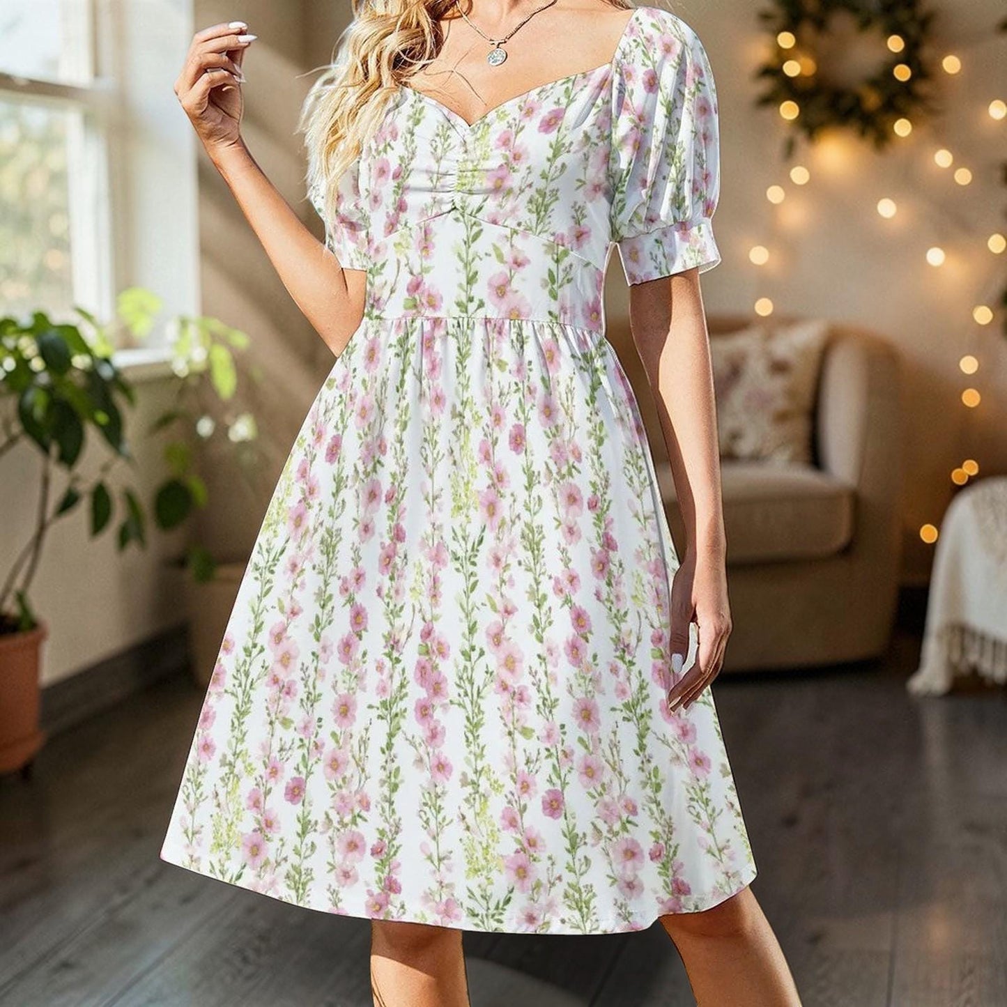 Pink Prairie Dress, Sweetheart Floral Dress, Puff Sleeve Spring Picnic Outfit