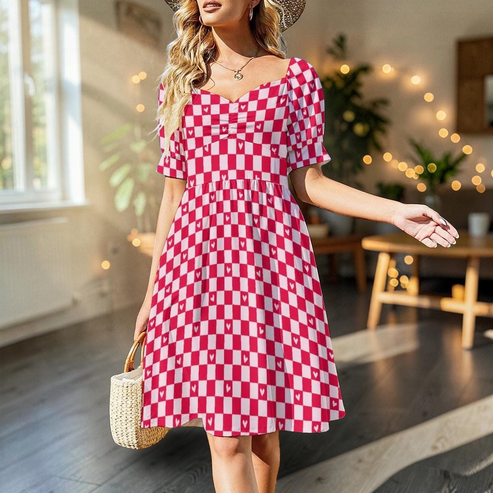 Valentine Check Dress, Pink Heart Pattern Dress, Retro Sweet Date Outfit