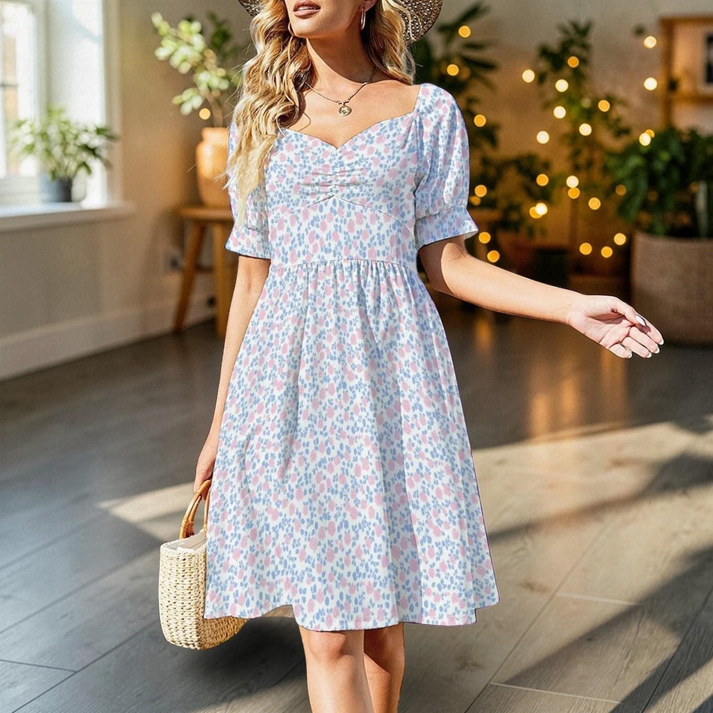 Pastel Floral Midi Dress, Puff Sleeve Tea Party Dress, Sweetheart Neck Sundress