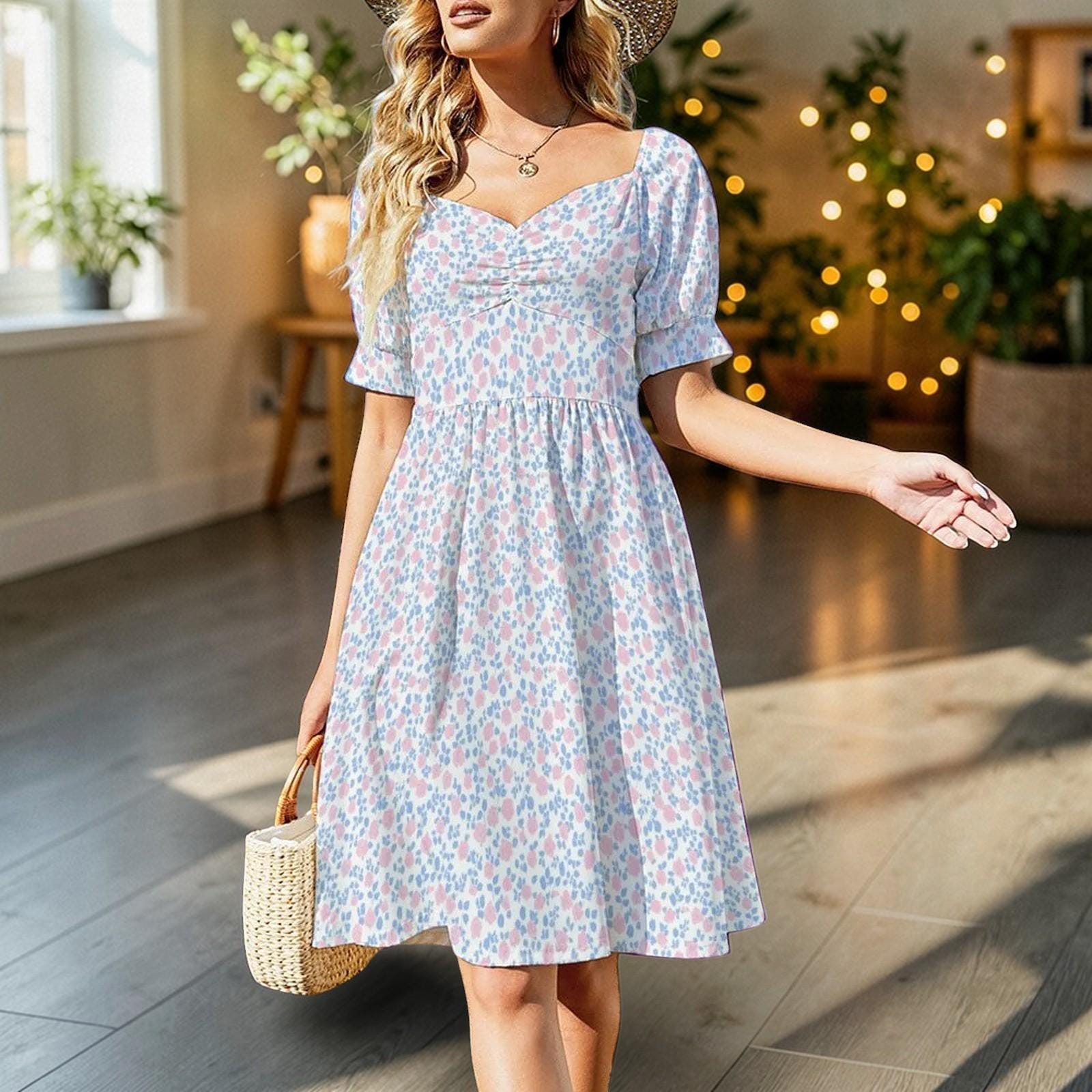 Pastel Floral Midi Dress, Puff Sleeve Tea Party Dress, Sweetheart Neck Sundress