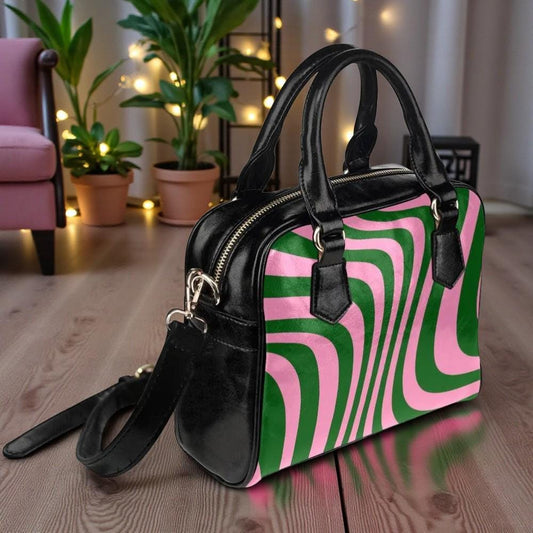 Groovy Wave Satchel, Pink Green Retro Purse, Mod Striped Crossbody Bag