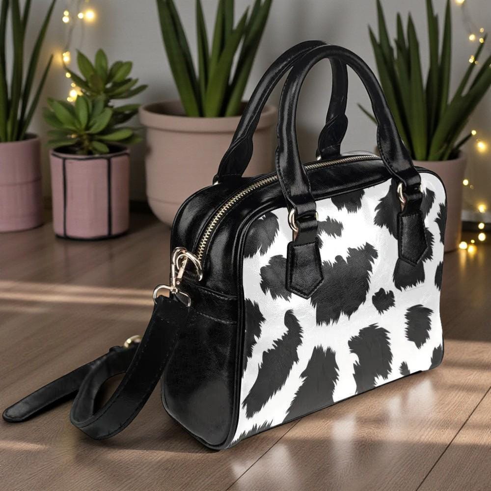 Cow Print Satchel Bag, Western Shoulder Purse, Black White Top Handle Handbag