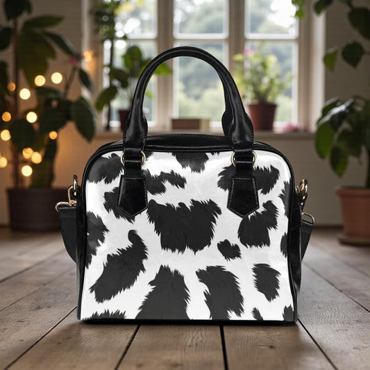 Cow Print Satchel Bag, Western Shoulder Purse, Black White Top Handle Handbag