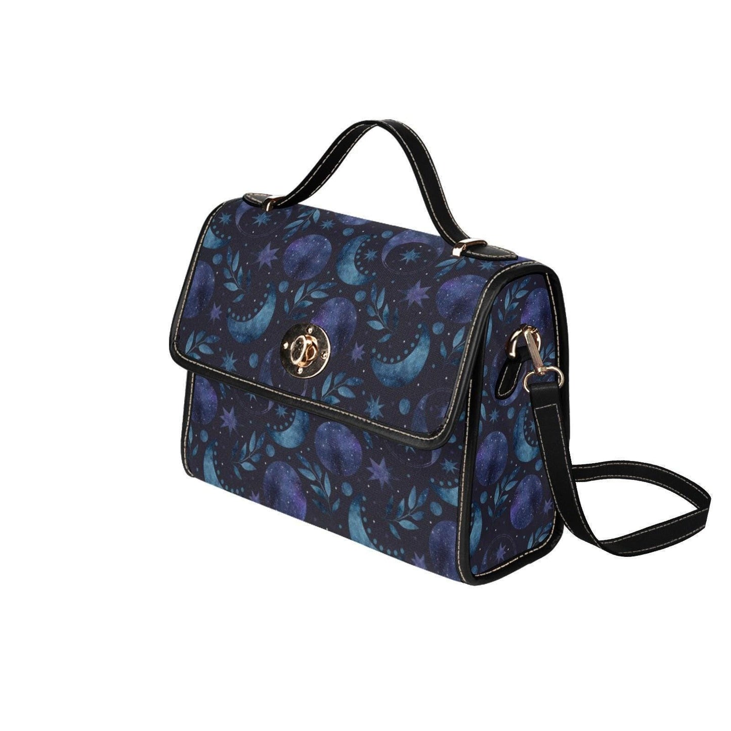 Blue Celestial Top Handle Bag, Moon Stars Structured Purse, Night Sky Handbag