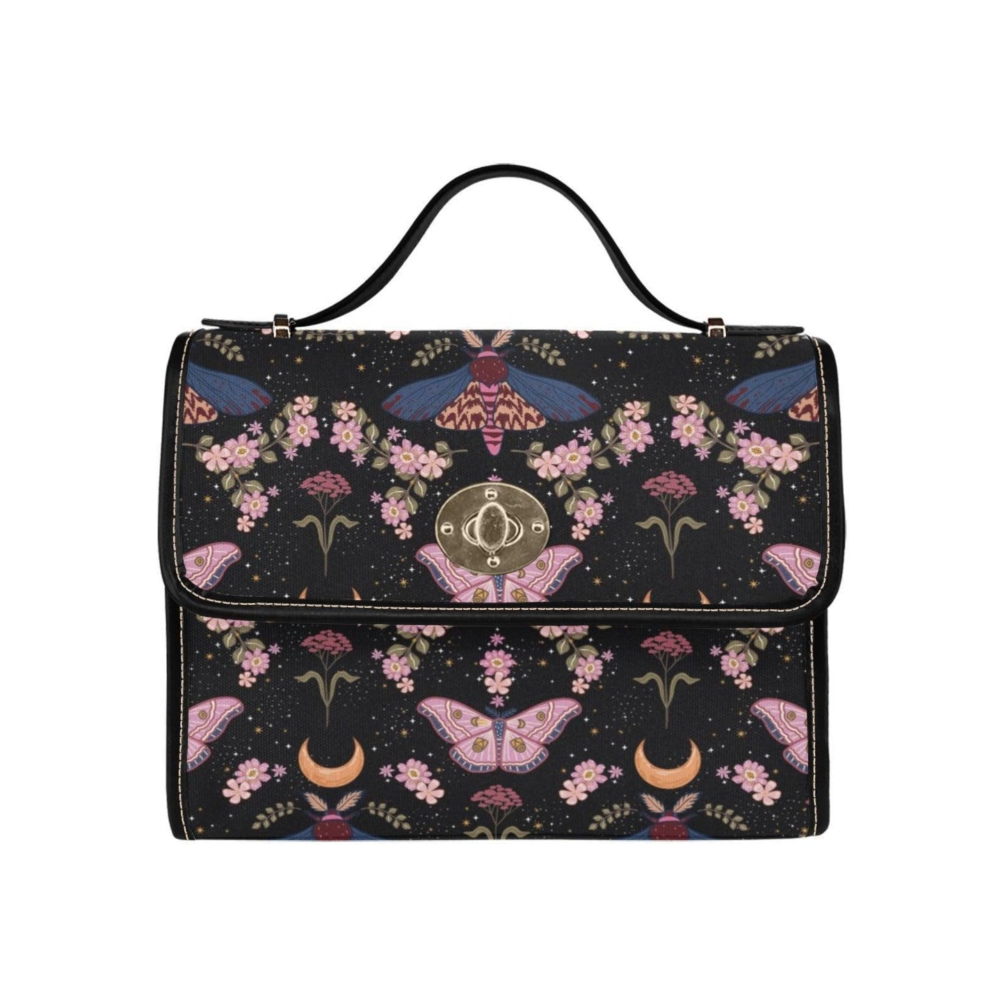 Moon Moth Top Handle Bag, Celestial Floral Satchel, Dark Romantic Handbag