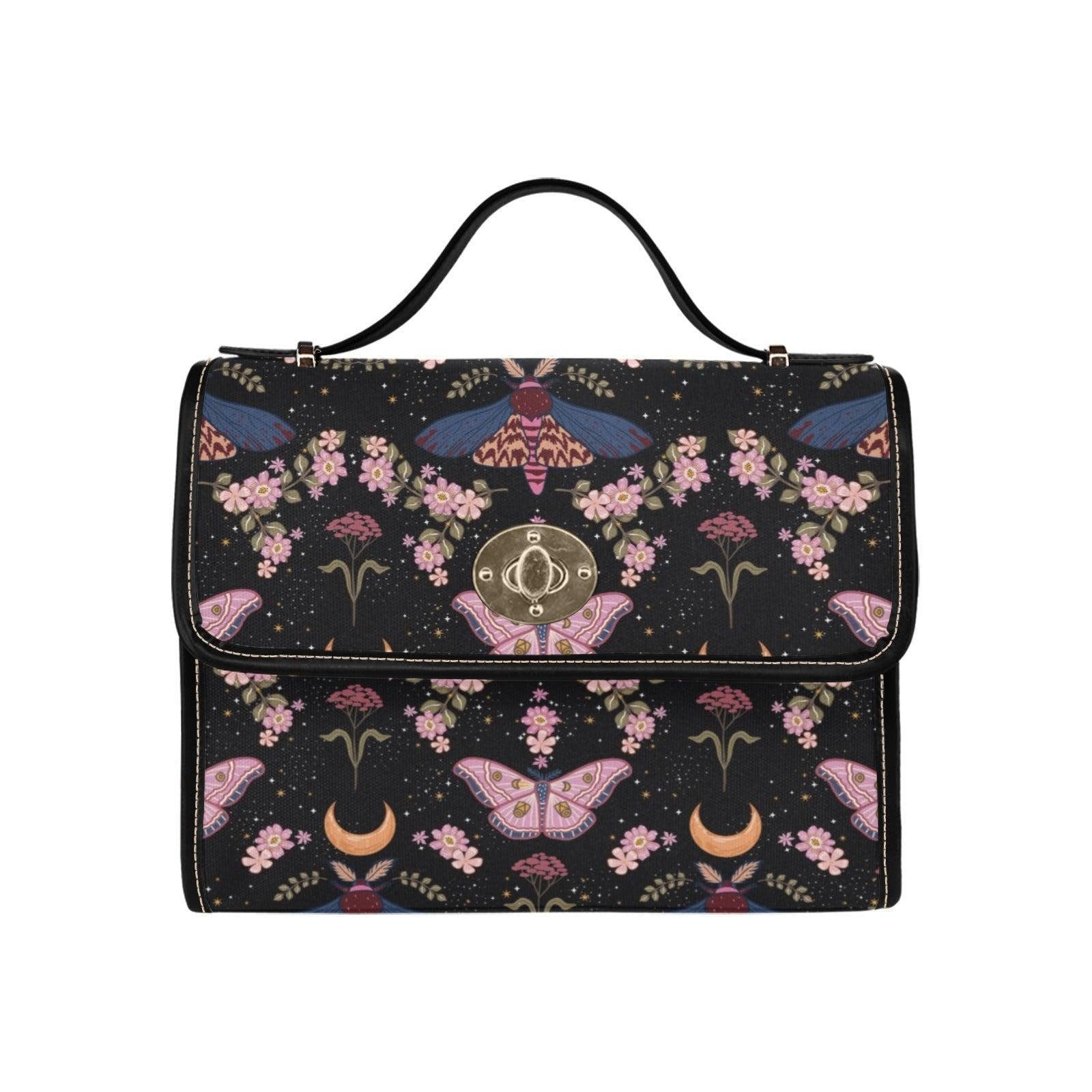 Moon Moth Top Handle Bag, Celestial Floral Satchel, Dark Romantic Handbag