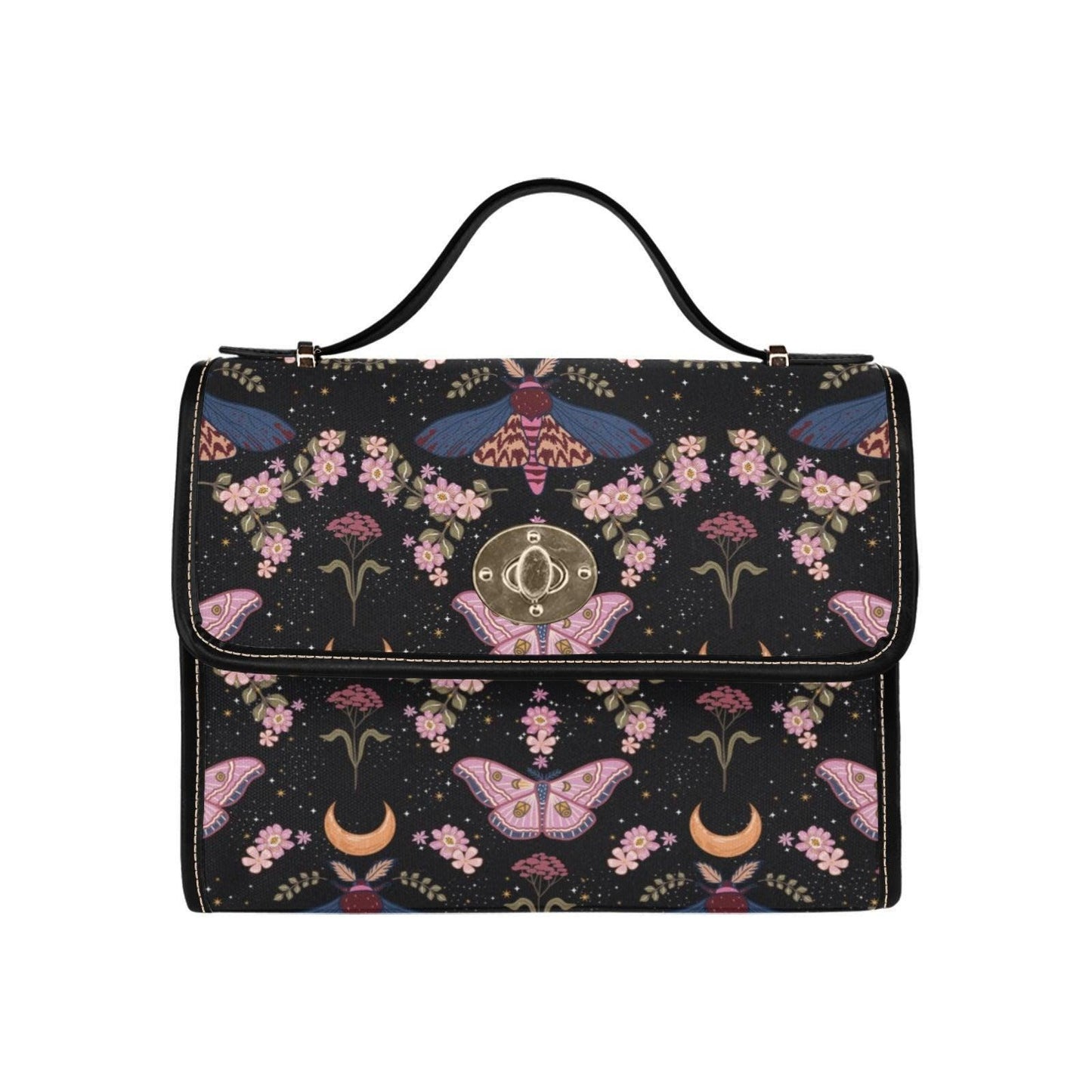 Moon Moth Top Handle Bag, Celestial Floral Satchel, Dark Romantic Handbag for Evening and Cottage Style