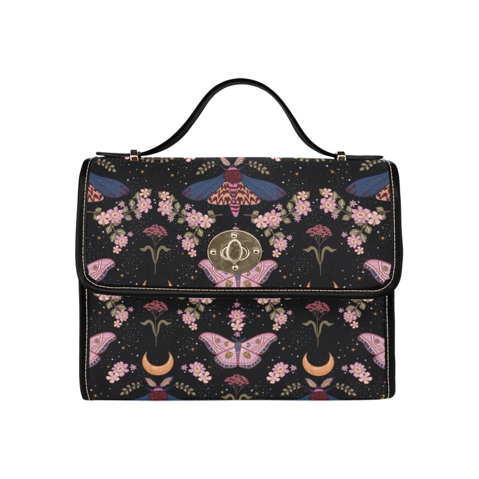 Moon Moth Top Handle Bag, Celestial Floral Satchel, Dark Romantic Handbag for Evening and Cottage Style