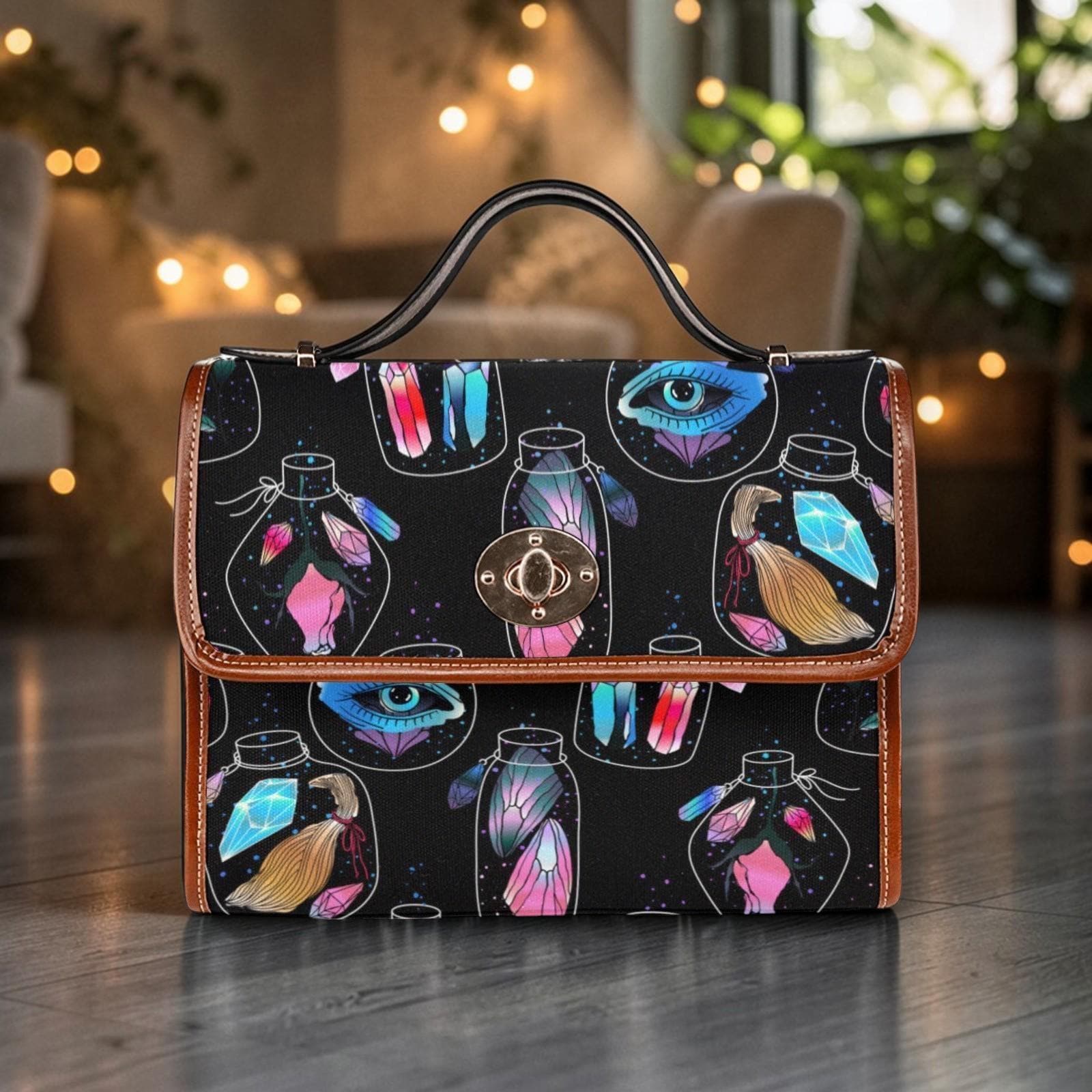 Mystical Potion Crystal Top Handle Bag, Witchy Insect Satchel, Colorful Occult Handbag