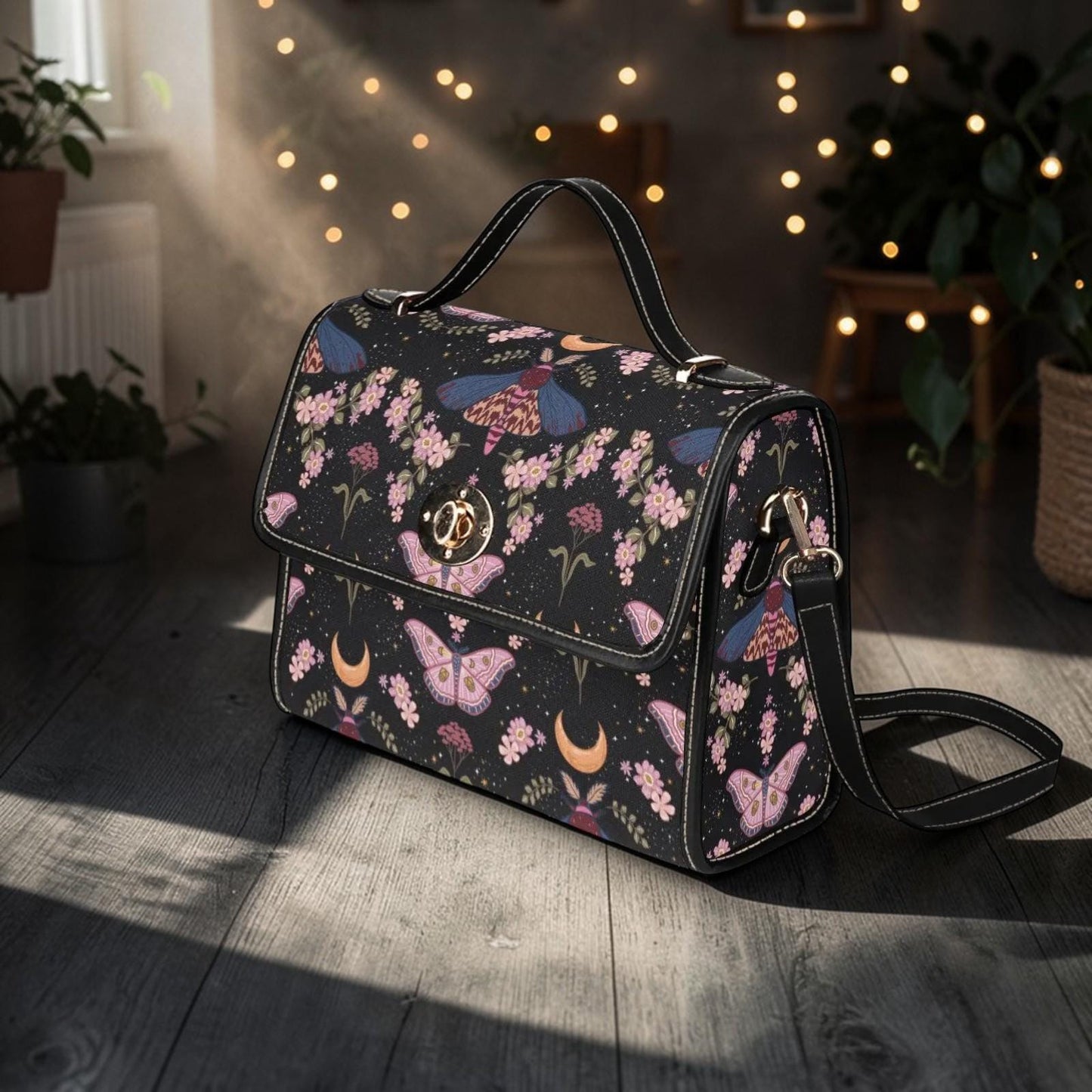 Moon Moth Top Handle Bag, Celestial Floral Satchel, Dark Romantic Handbag