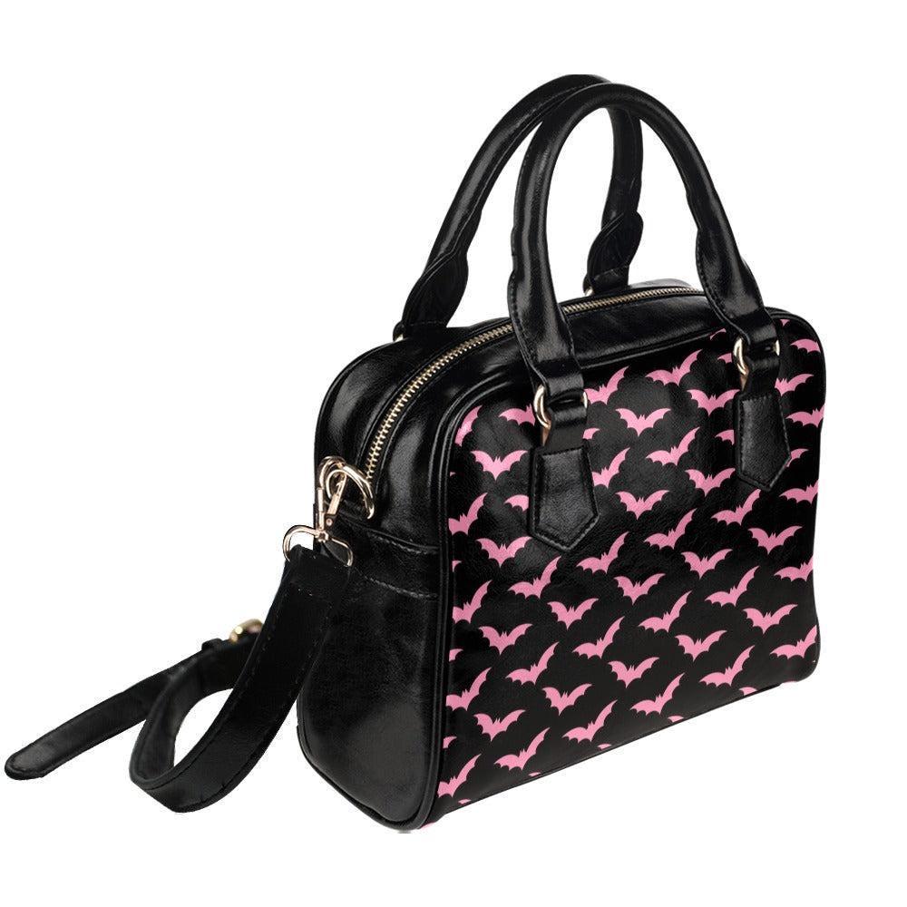 Pink Bat Satchel Purse, Black Handbag with Strap, Pastel Goth Everyday Bag