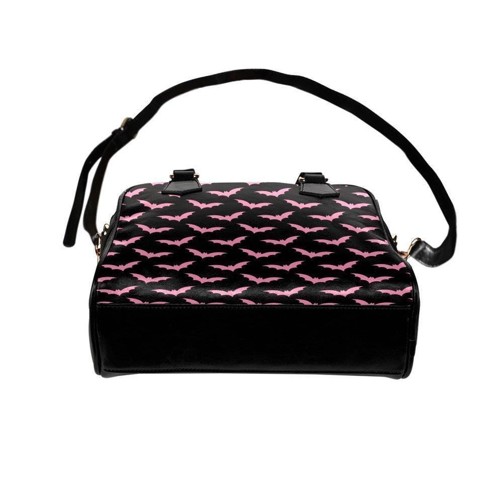 Pink Bat Satchel Purse, Black Handbag with Strap, Pastel Goth Everyday Bag