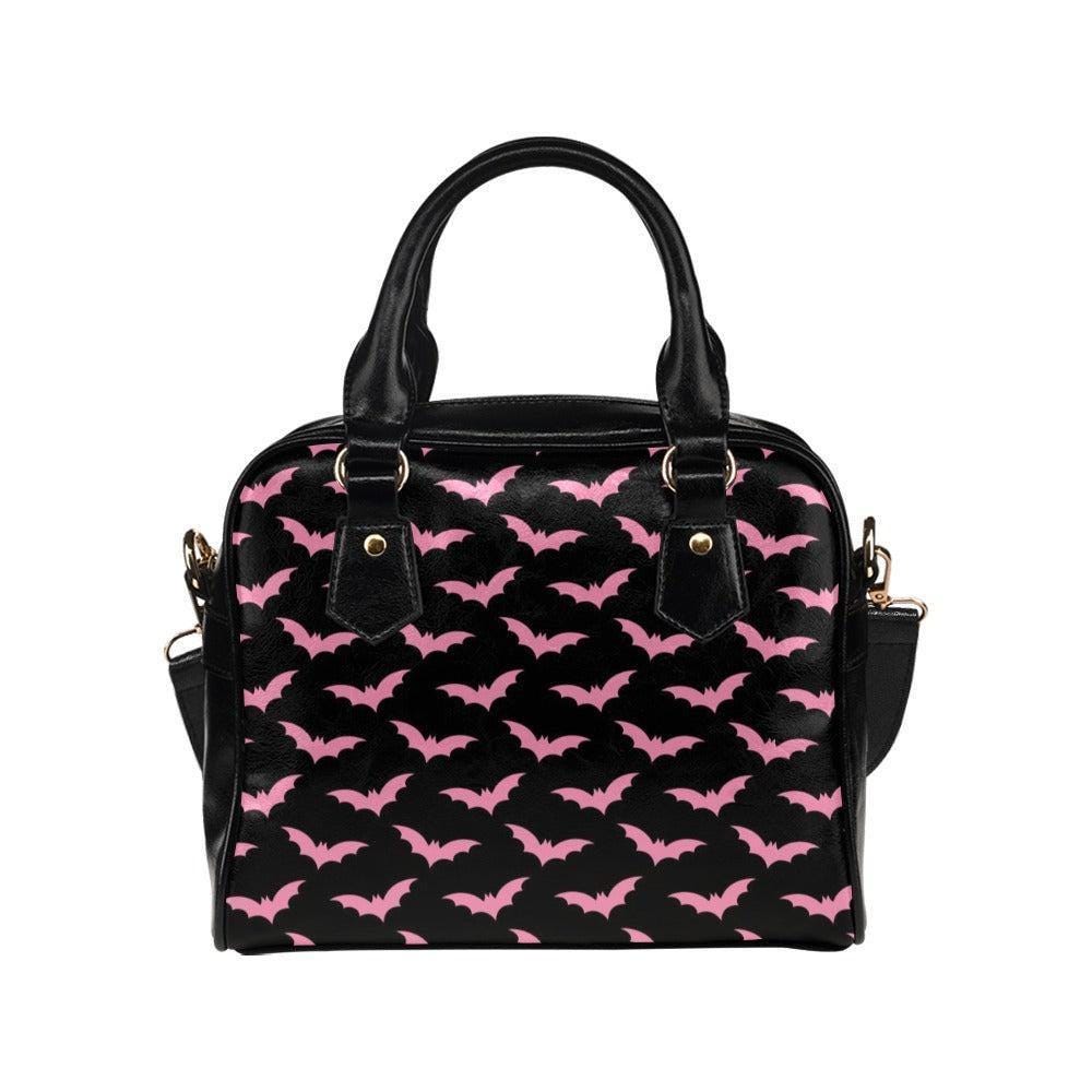 Pink Bat Satchel Purse, Black Handbag with Strap, Pastel Goth Everyday Bag