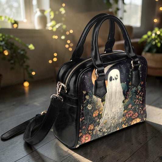 Ghost Floral Handbag, Spooky Moonlit Wildflower Satchel, Vegan Leather Crossbody Purse
