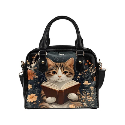 Reading Cat Handbag, Literary Book Lover Purse, Whimsical Night Reader Satchel, Autumn Floral Bag