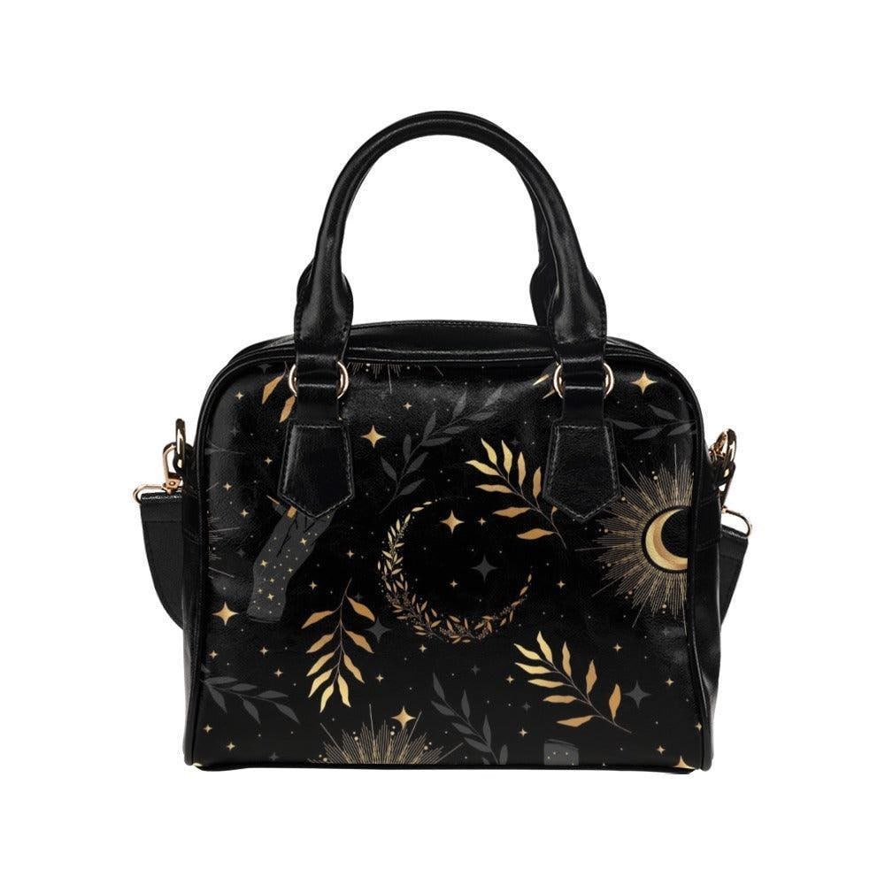 Celestial Satchel Purse, Moon and Stars Handbag, Gothic Botanical Top Handle Bag
