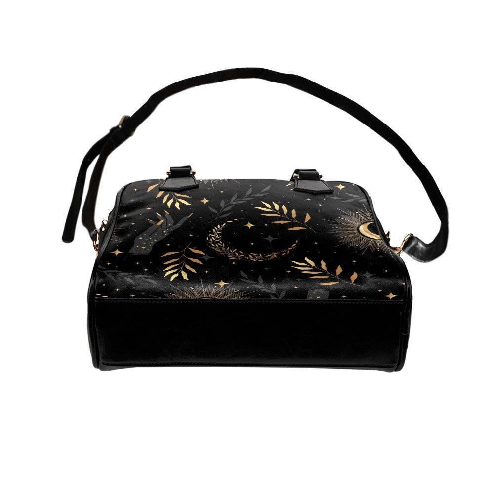 Celestial Satchel Purse, Moon and Stars Handbag, Gothic Botanical Top Handle Bag