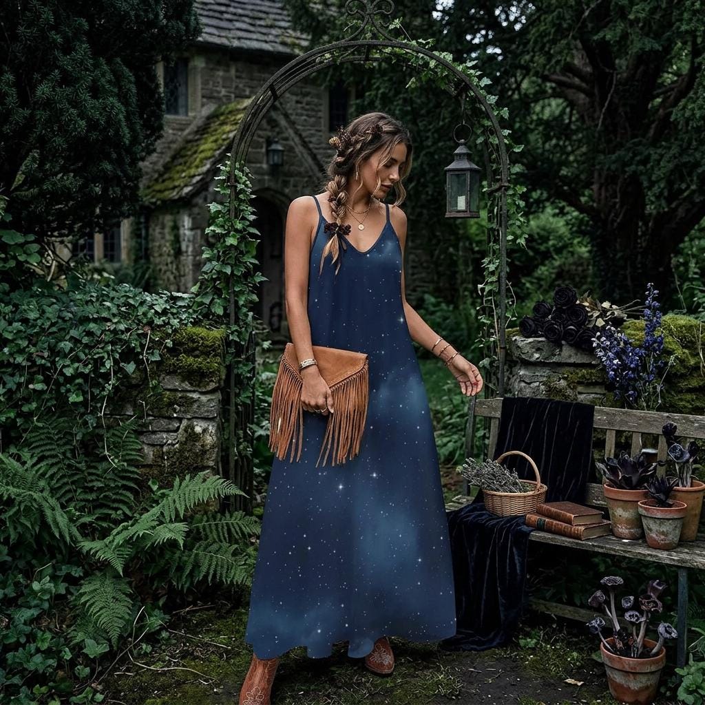 Galaxy night dress, Dark starry maxi, Witchcore summer outfit, Celestial print sundress, Cosmic sky fashion, Moonlit night gown, Star field