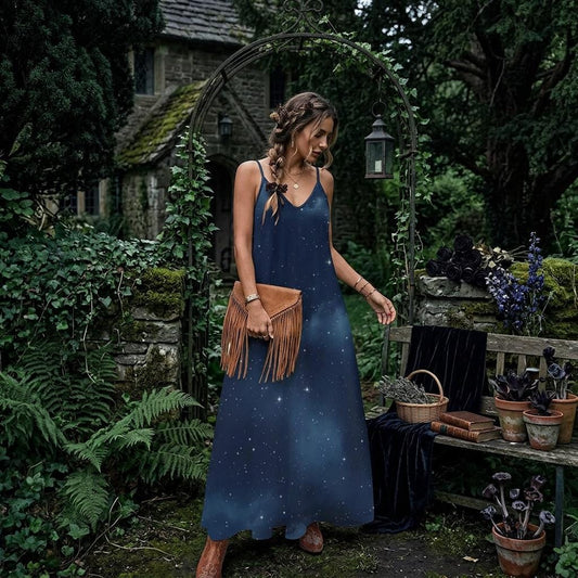 Galaxy night dress, Dark starry maxi, Witchcore summer outfit, Celestial print sundress, Cosmic sky fashion, Moonlit night gown, Star field
