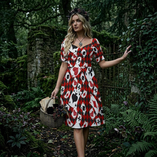 Card suit party dress, Alice inspired puff sleeve, queen of hearts mini dress, whimsical fairytale outfit, sweetheart themed fantasy dress