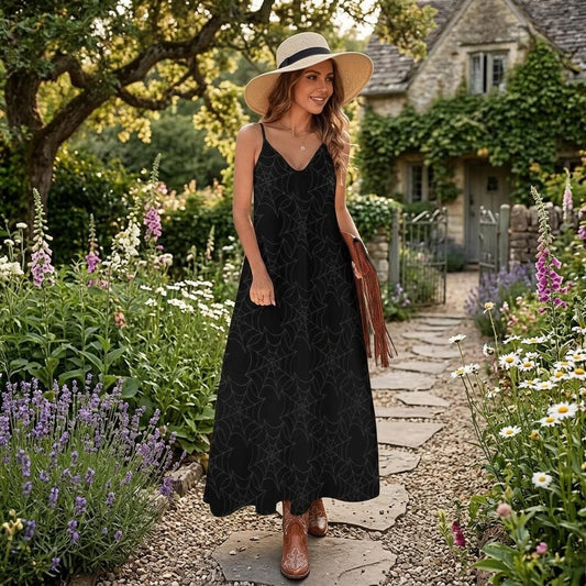 Spiderweb Maxi Dress Halloween Gothic Slip Dress Dark Witchy Grunge Bohemian Summer Outfit