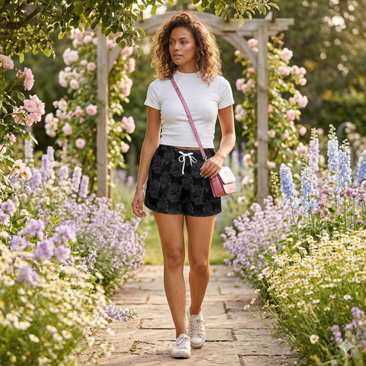 Black Rose Lounge Shorts Gothic Floral Drawstring Summer Shorts for Women