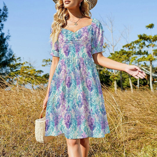 Pastel Damask Dress, Cottagecore Babydoll Dress, Romantic Garden Party Outfit