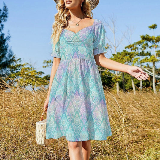 Pastel Damask Midi Dress, Cottagecore Sweetheart Dress, Garden Party Outfit
