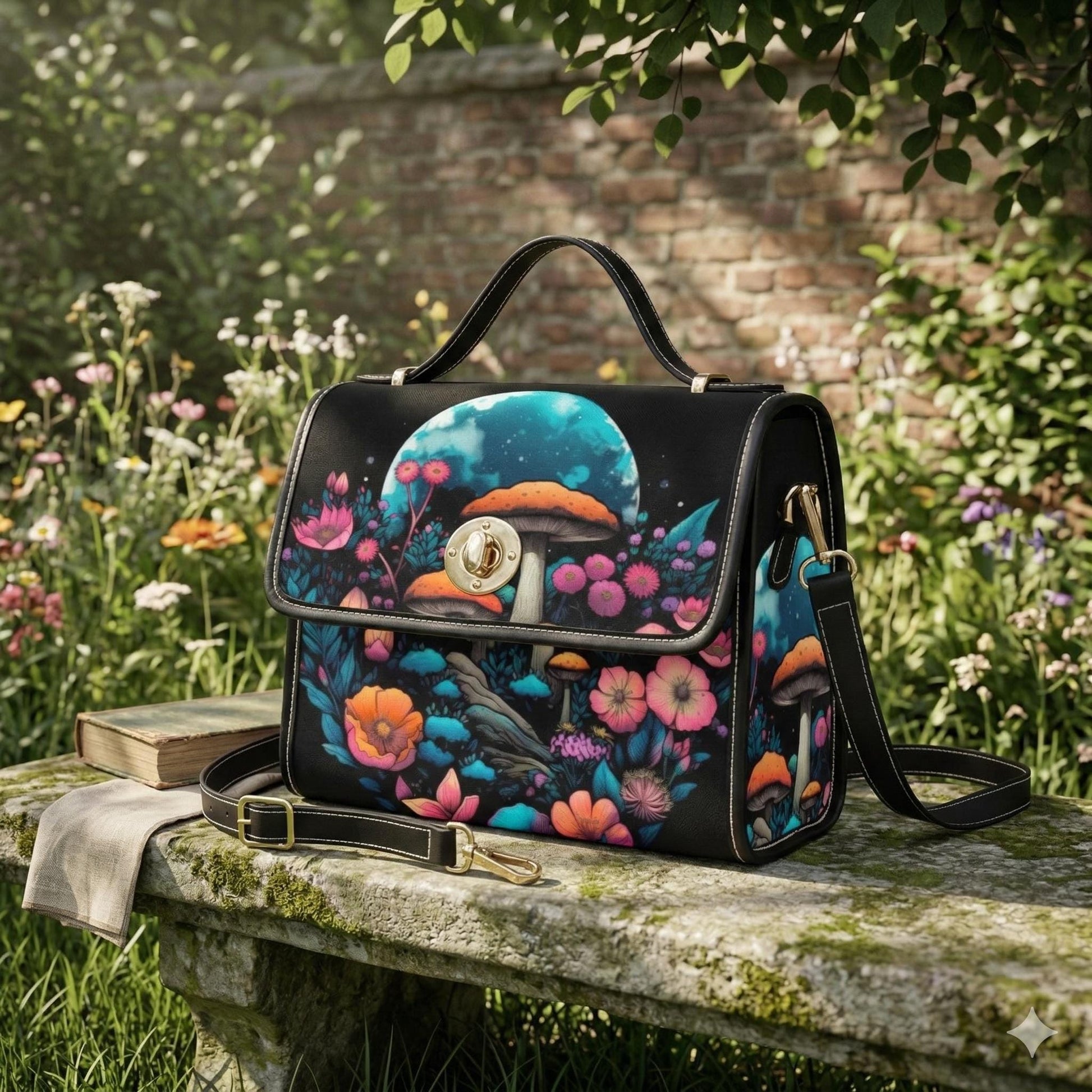 Glow Mushroom Bag, Moonlit Forest Purse, Trippy Shroom Crossbody, Fairycore Garden Print, Celestial Mushroom Style, Psychedelic Witch Bag