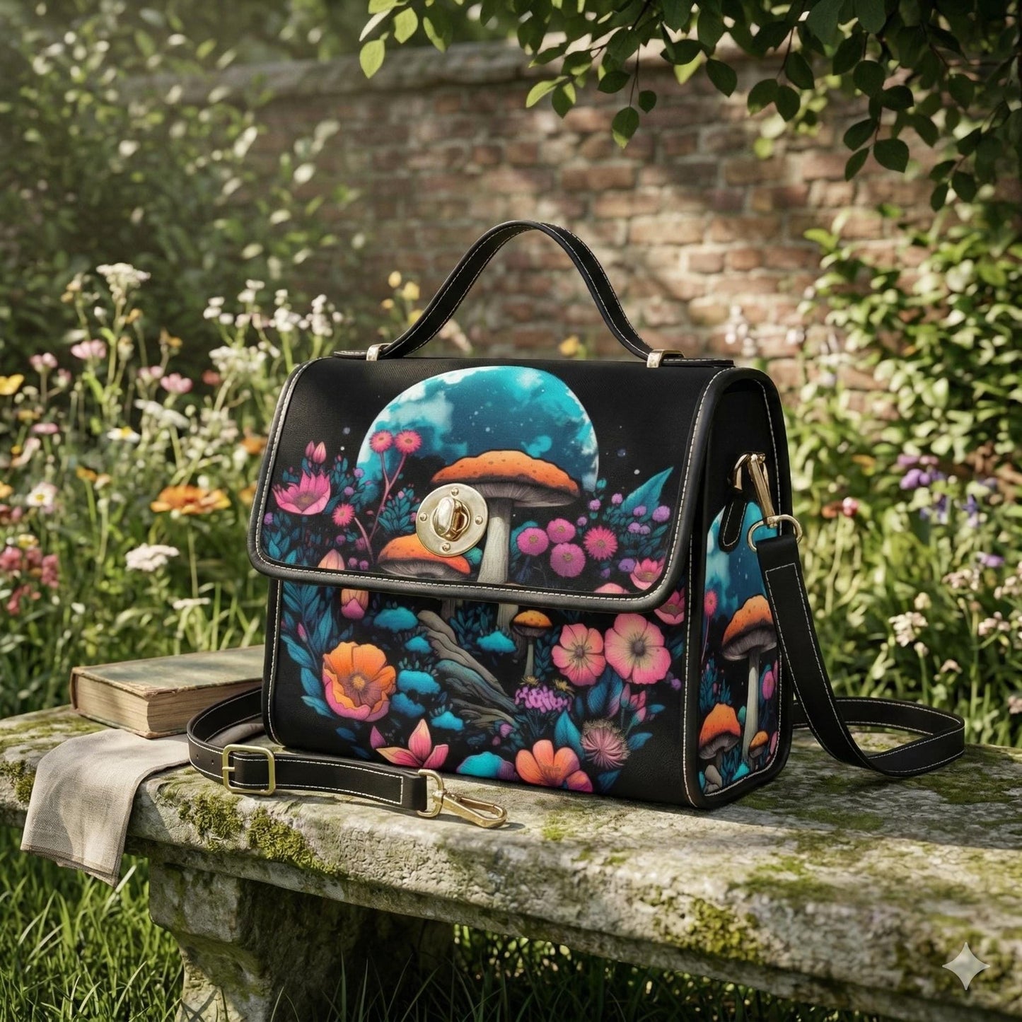 Glow Mushroom Bag, Fairycore Crossbody Purse, Celestial Forest Print, Witchy Garden Tote