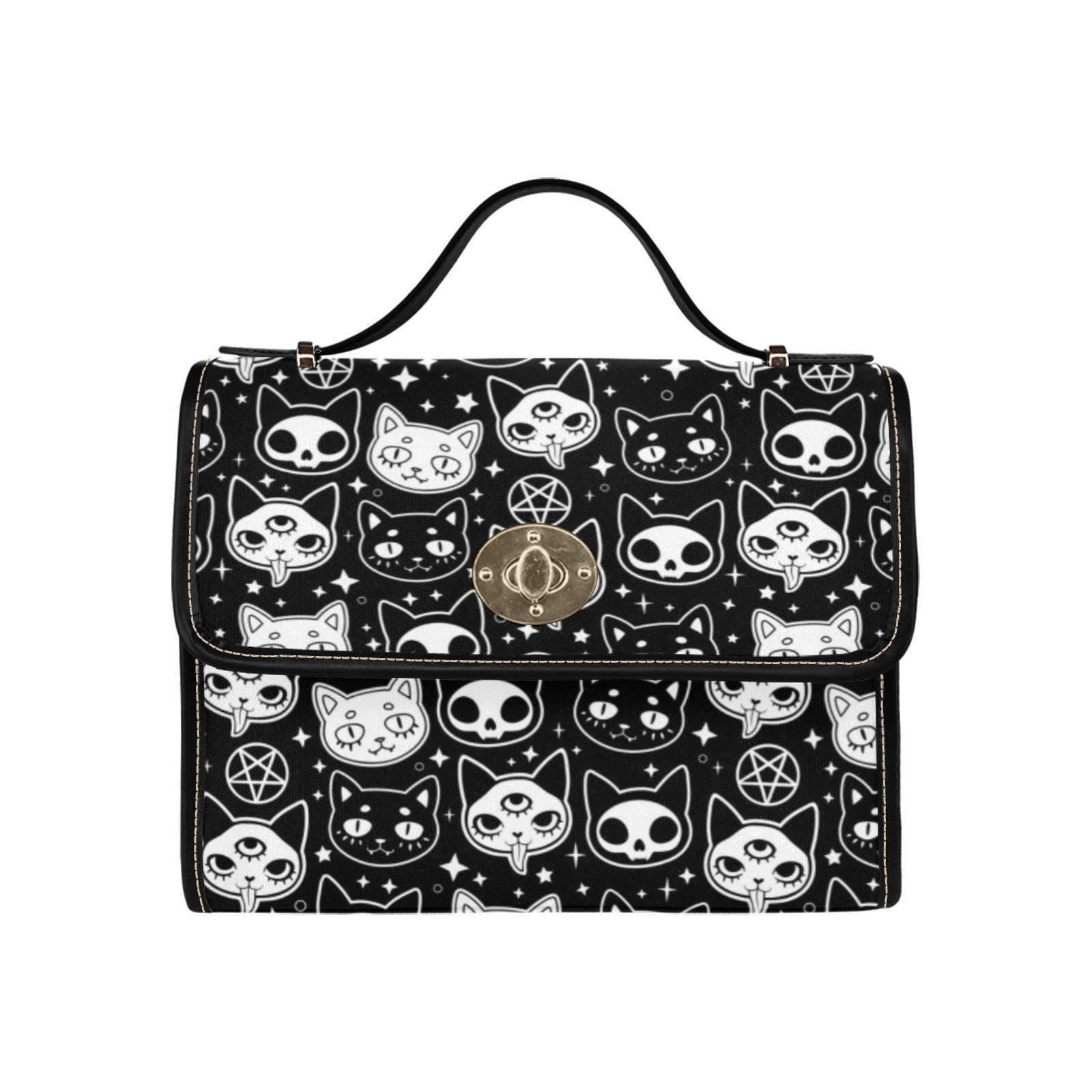 Goth Cat Handbag, Witchy Top Handle Purse, Occult Black White Satchel for Women