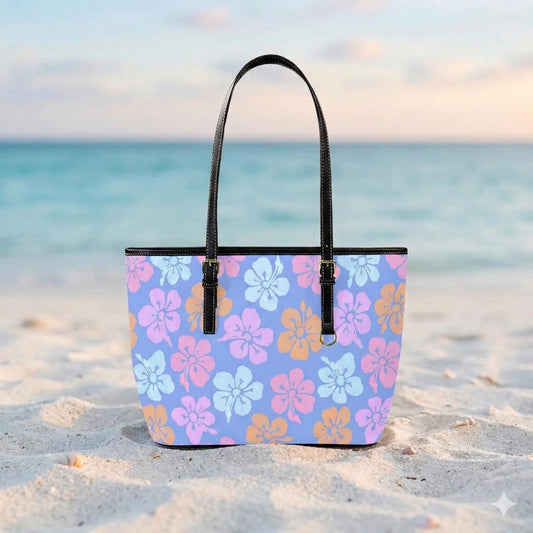 Tropical Floral Tote Bag, Hibiscus Shopper Purse, Island Vacation Handbag, Pastel Resort Tote