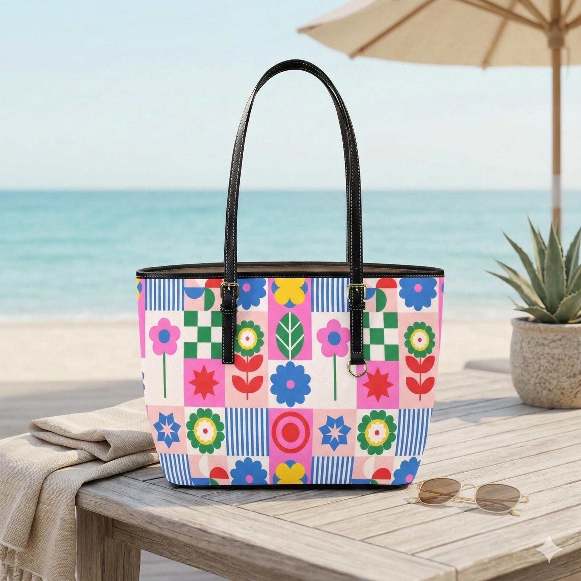 Retro Floral Beach Tote Bag Colorful Geometric Shoulder Bag Summer Poolside Carryall