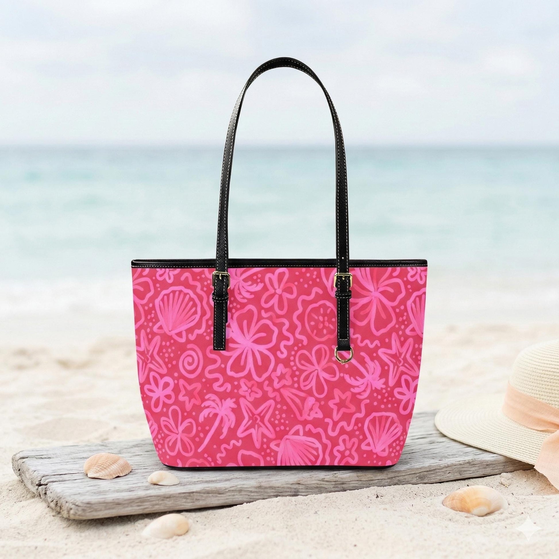 Beach Tote Bag in Pink Tropical Floral Shell Print, Summer Vacation Shoulder Purse