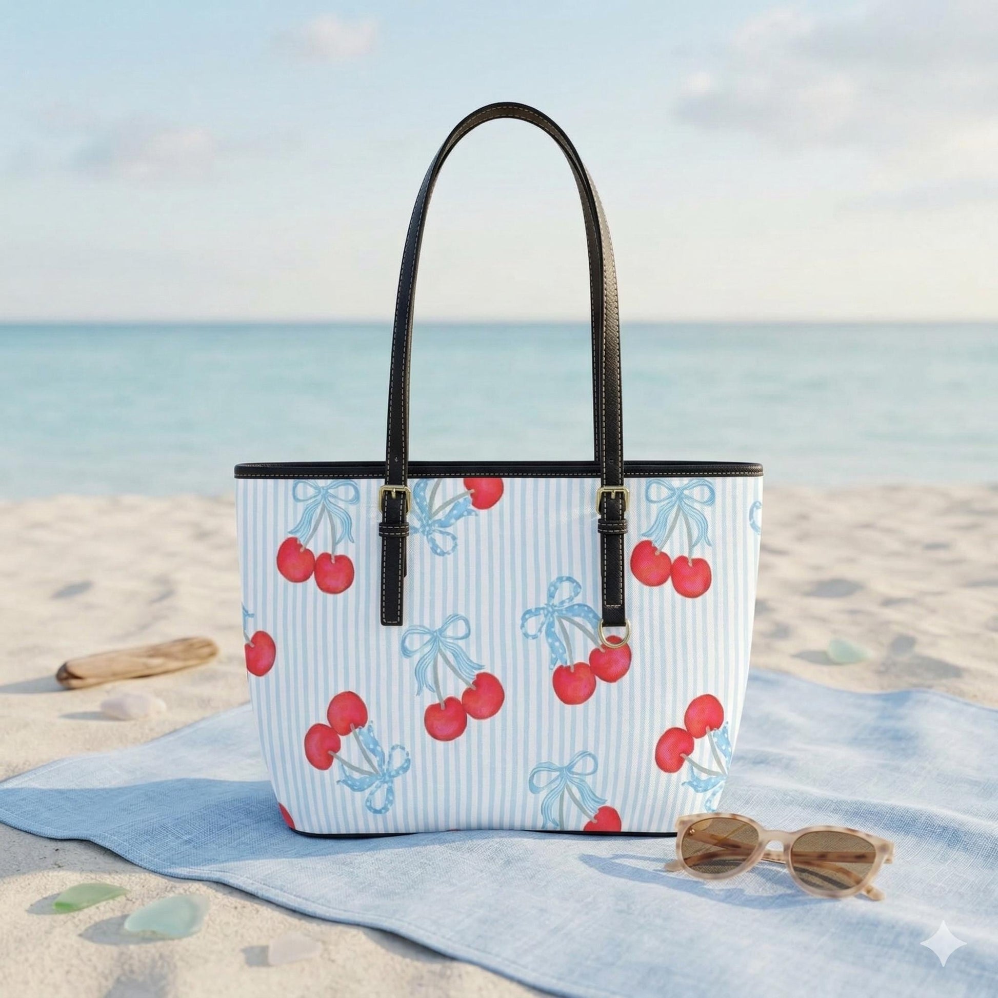 Cherry Tote Bag, Blue Stripe Bow Handbag, Picnic Purse for Boardwalk and Market