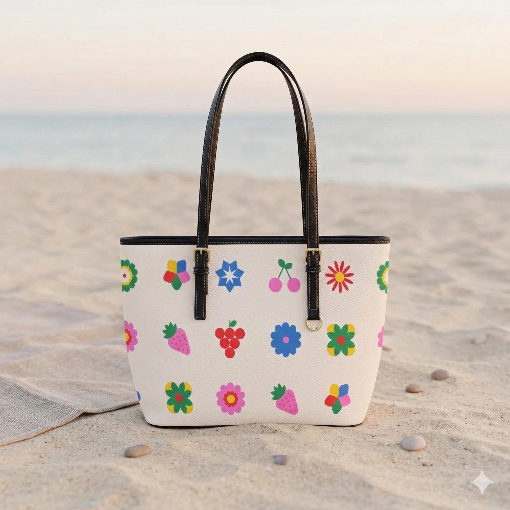 Retro Tote Bag, Fruit Print Shoulder Purse, Colorful Beach Market Bag for Summer