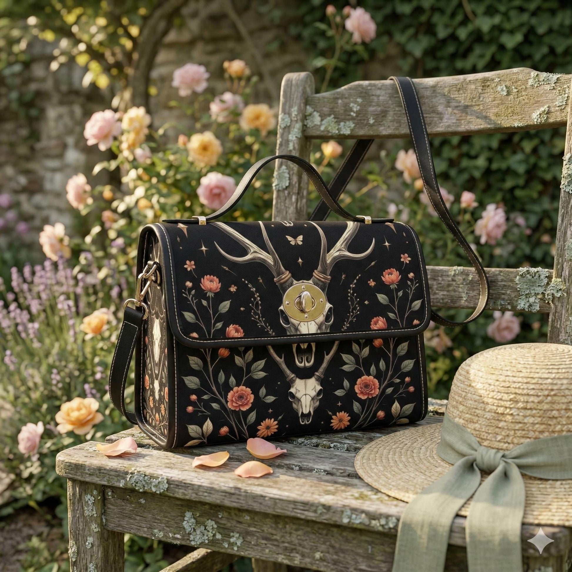 Deer Skull Clutch Purse, Dark Cottage Floral Handbag, Woodland Top Handle Bag, Nature Inspired Statement Purse