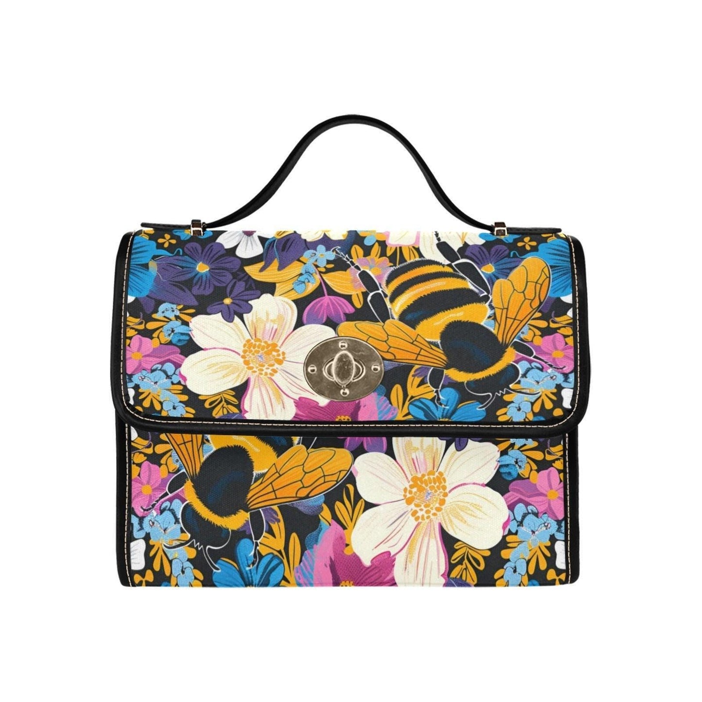 Retro floral bumblebee crossbody bag, cottagecore wildflower purse, colorful garden accessory