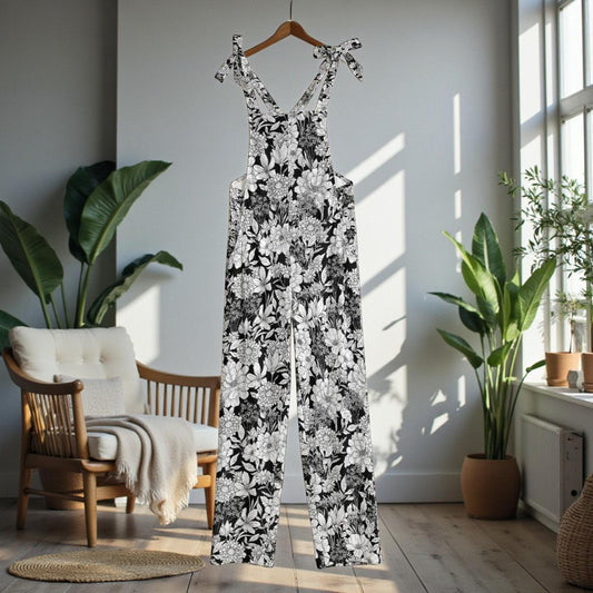 Botanical Floral Wide Leg Dungarees – Cottagecore Nature Print Overalls