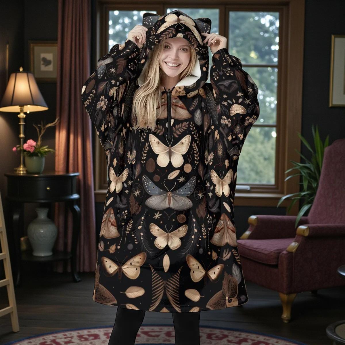 Wearable Blanket Hoodie with Cat Ears, Moth Butterfly Print, Dark Cottagecore Gift