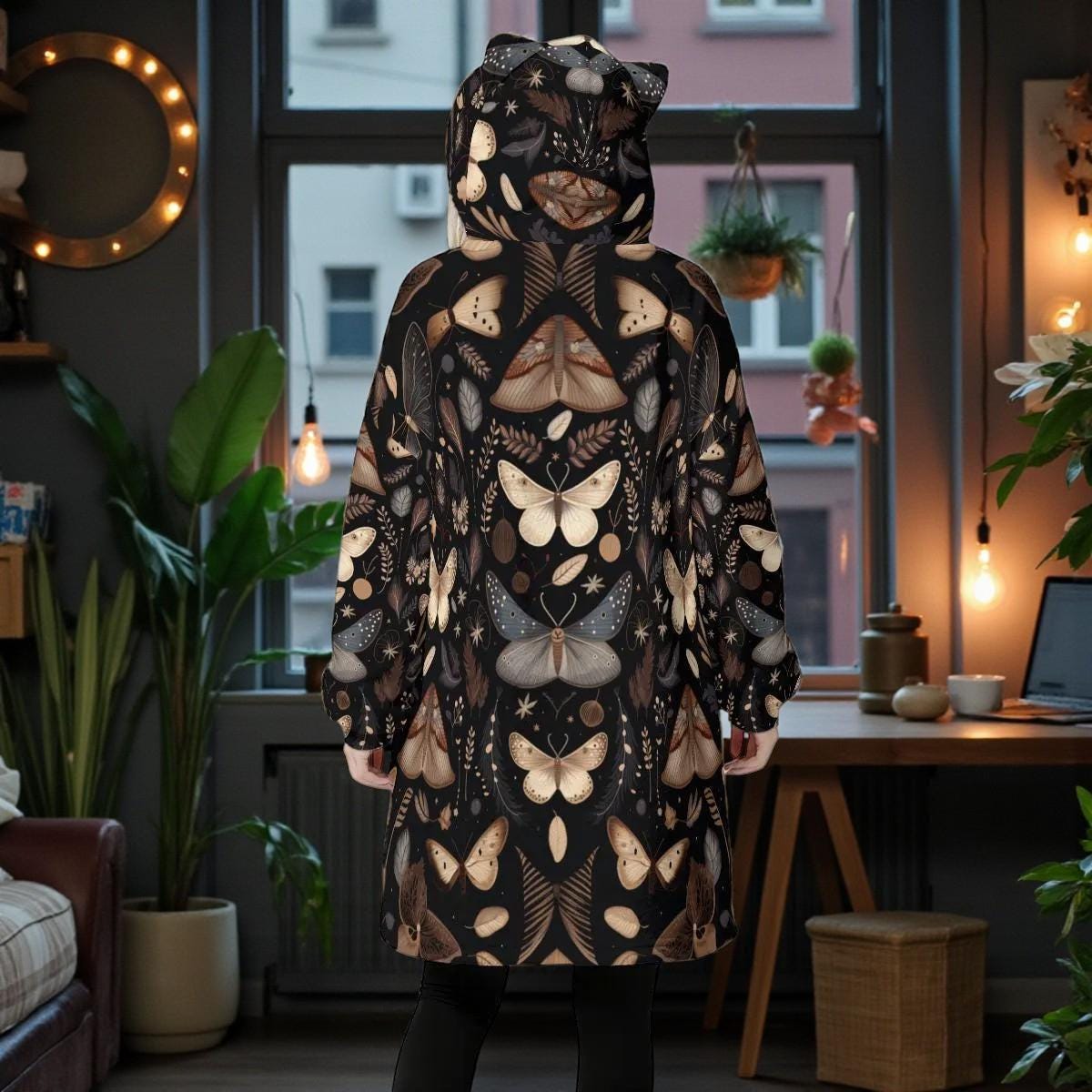 Wearable Blanket Hoodie with Cat Ears, Moth Butterfly Print, Dark Cottagecore Gift