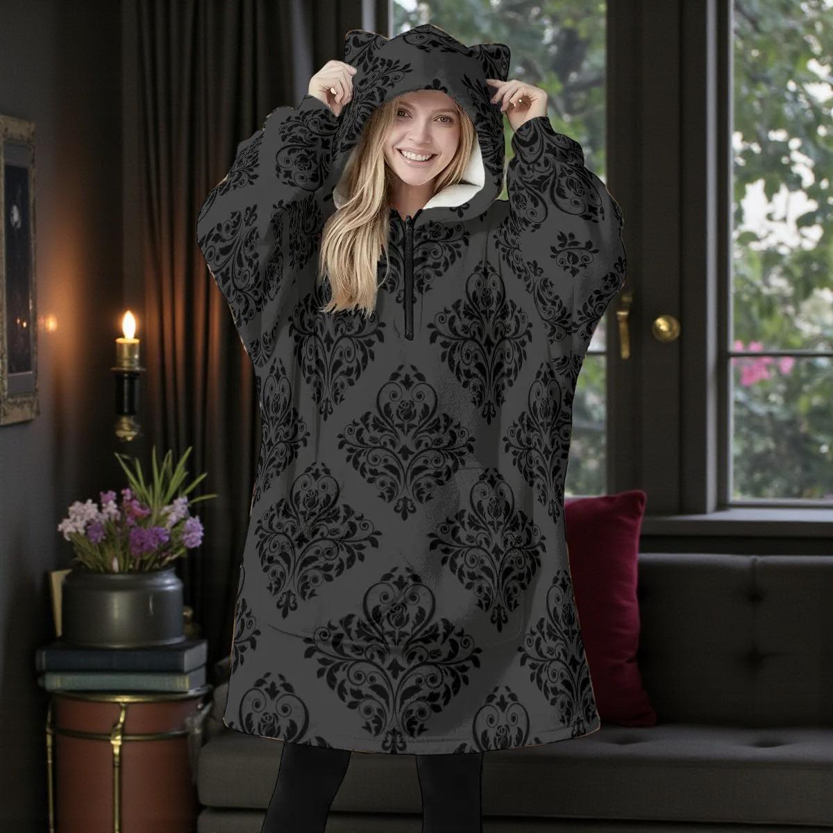 Cat Ear Wearable Blanket Hoodie, Goth Damask Lounger, Cozy Reading Hooded Blanket