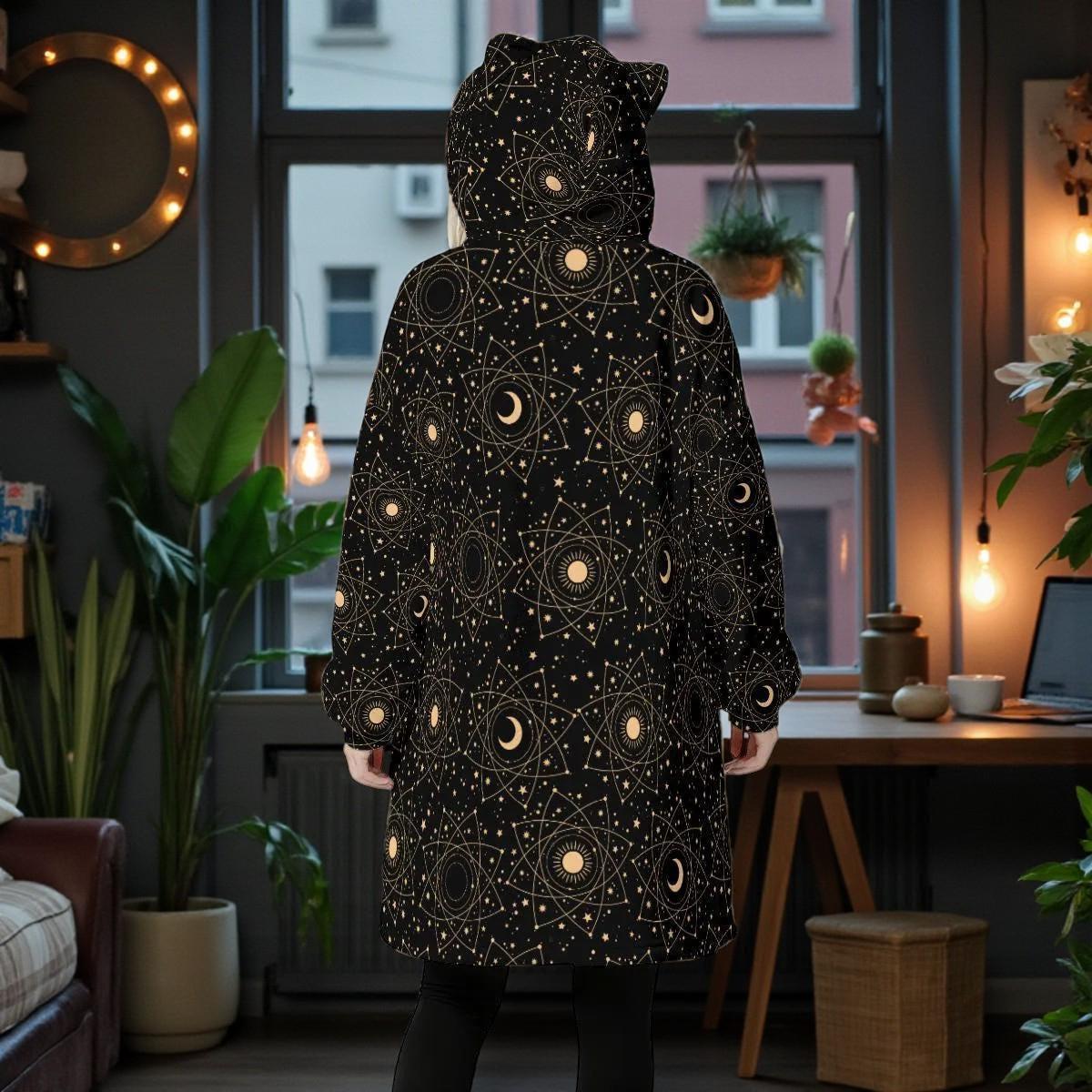 Wearable Blanket Hoodie, Cat Ear Lounge Dress, Starry Moon Hooded Housewear